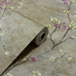 Papel de Parede Vinilico Floral Marrom c/ Rosa e Creme - PDFV108