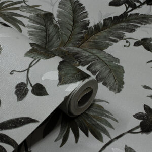 Papel de Parede Vinilico Floral Cinza c/ Verde Escuro - PDF0002