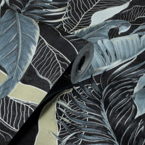 Papel de Parede Vinilico Floral Preto Cinza e Verde - PDF1710