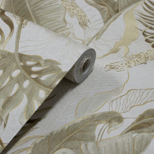 Papel de Parede Vinilico Floral Off White c/ Verde e Creme - PDF1704