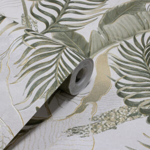 Papel de Parede Vinilico Floral Off White c/Verde e Dourado - PDF0005
