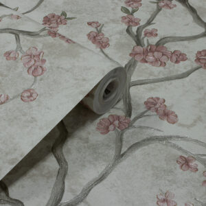 Papel de Parede Vinilico Floral Off White Cinza e Flores Rosas - PDFV406
