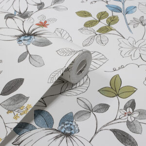 Papel de Parede Vinilizado Floral c/ Detalhes em Azul Verde e Vermelho - PDI1533