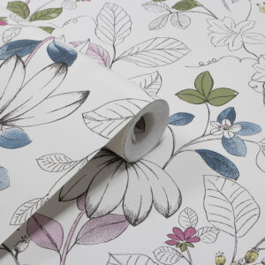 Papel de Parede Vinilizado Floral c/ Detalhes em Azul Verde e Lilás - PDI1532