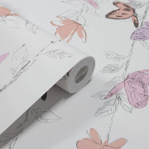 Papel de Parede Vinilizado Floral c/ Fundo Rosa e Borboletas Coloridas - PDI6003