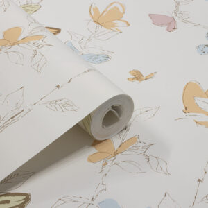 Papel de Parede Vinilizado Floral c/ Fundo Creme e Borboletas Coloridas - PDI6004