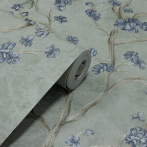 Papel de Parede Vinilico Floral Verde c/ Flores Azuis - PDFV403
