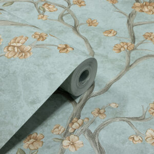 Papel de Parede Vinilico Floral Verde Claro c/ Laranja - PDFV405