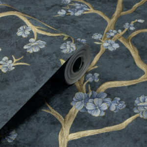Papel de Parede Vinilico Floral Azul c/ Dourado - PDFV407