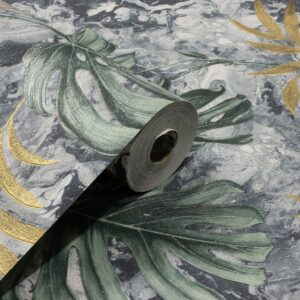 Papel de Parede Vinilico Floral Verde e Cinza c/ Brilho PDF0011