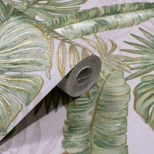 Papel de Parede Vinilico Floral Verde e Dourado e fundo Off white PDF9031