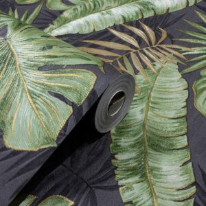 Papel de Parede Vinilico Floral Verde, folhas e fundo preto PDF9034